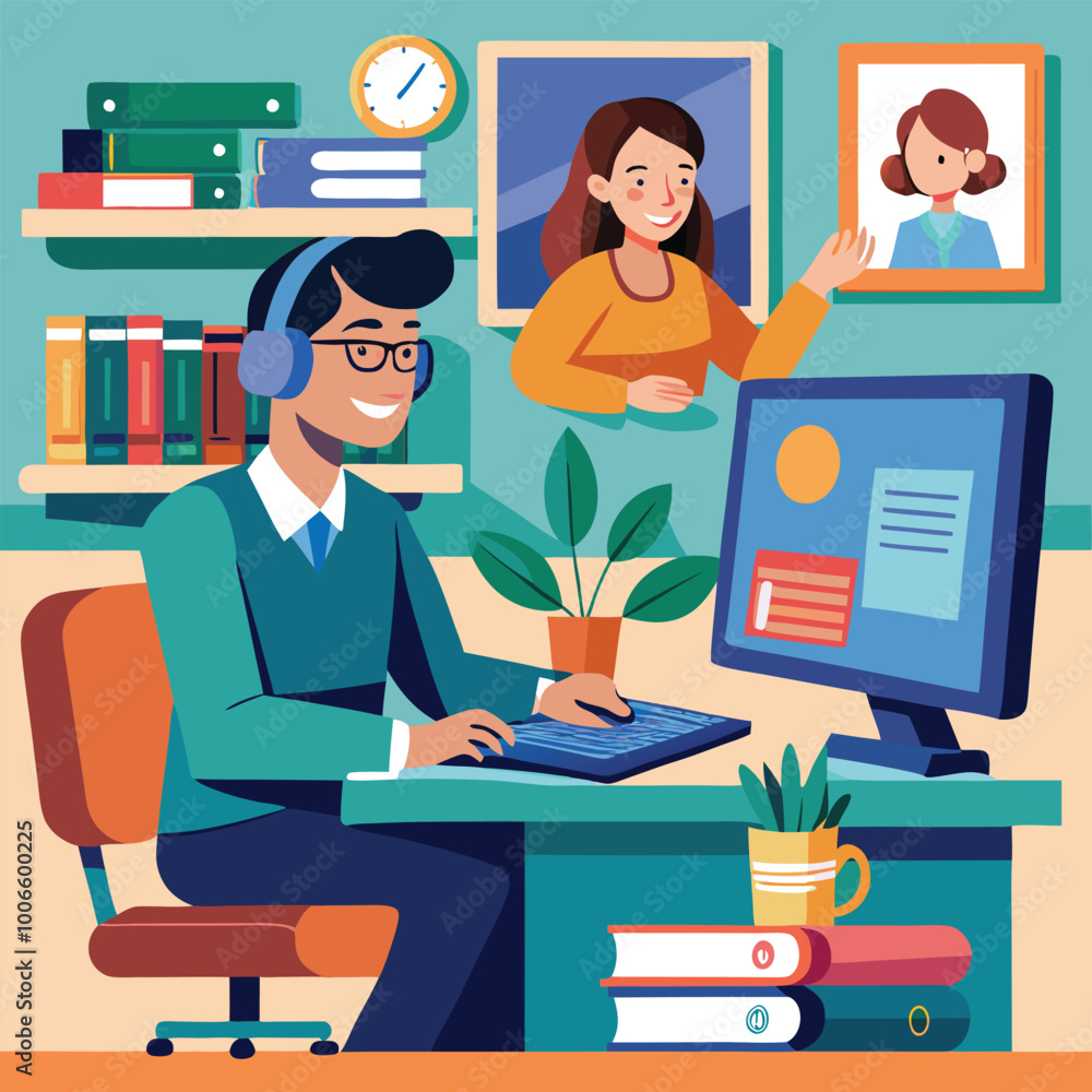 A Teacher Conducting an Online Class, Sitting at a Desk With a Computer ...