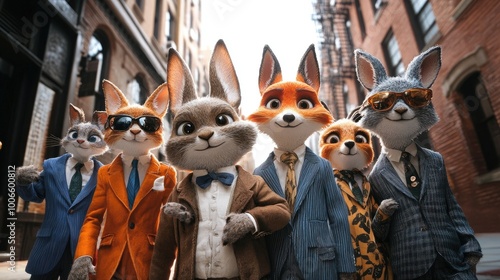 A group of animals including a rabbit and a fox, all dressed in chic, modern outfits, posing together like a fashion squad on a bright city sidewalk.