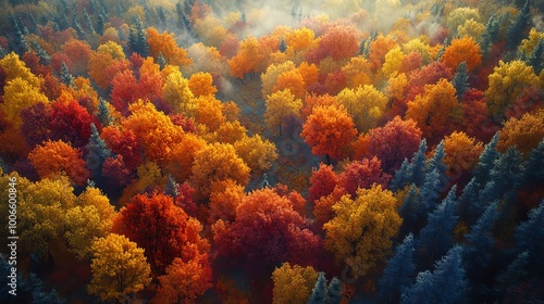 Vibrant autumn foliage fills a dense forest, with sunlight streaming through the canopy.