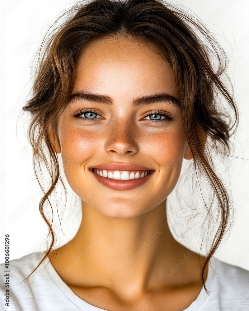 A woman with freckles on her face smiling at the camera A woman with freckles on her face smiling at the camera