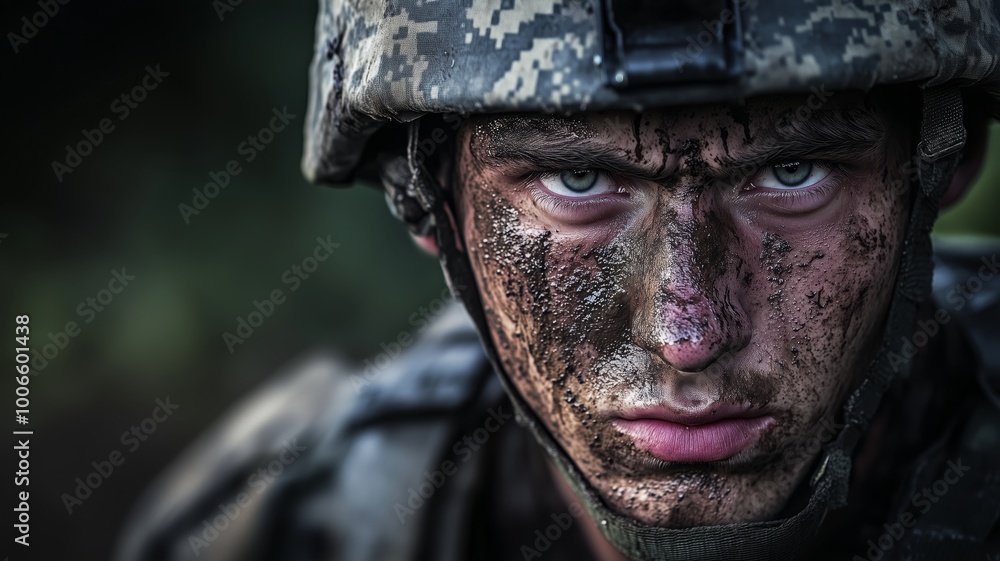 Close-Up of a Soldier's Intense Gaze in Battle - Made with Generative AI Close-Up of a Soldier's Intense Gaze in Battle - Made with Generative AI