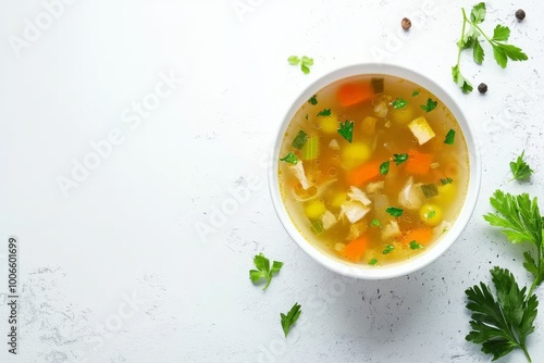 Healthy Chicken Broth with Vegetables and Spices in Top View