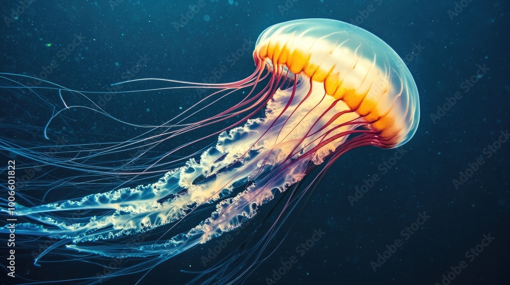 A jellyfish with a transparent white body glows gently in the deep blue ocean, casting a bioluminescent light as its tentacles float gracefully. A jellyfish with a transparent white body glows gently in the deep blue ocean, casting a bioluminescent light as its tentacles float gracefully.