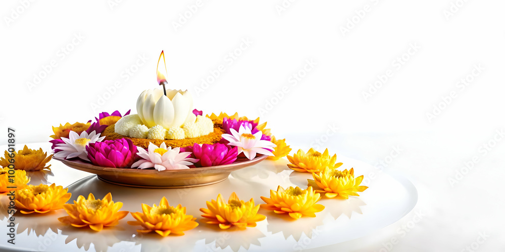Vector Illustration of Loy Krathong Festival: Serene Floating Flowers Surrounding an Elegant Krathong, Isolated on White Background Vector Illustration of Loy Krathong Festival: Serene Floating Flowers Surrounding an Elegant Krathong, Isolated on White Background