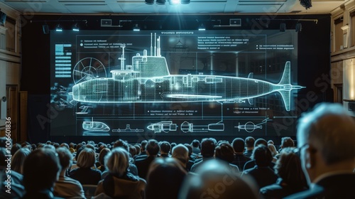 The technology conference takes a deep dive into advanced naval technology, with a large screen illuminating the room with visualizations of military submarine designs. photo