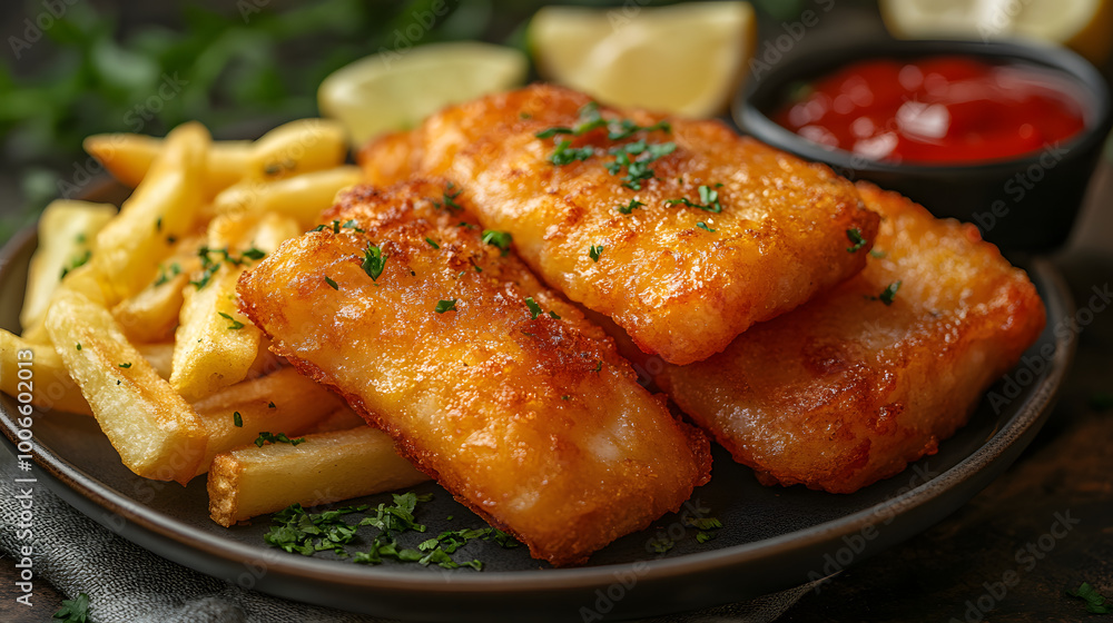 Classic Fish and Chips with Crispy Battered Fish, Golden Fries, and Tomato Ketchup for Dipping Classic Fish and Chips with Crispy Battered Fish, Golden Fries, and Tomato Ketchup for Dipping