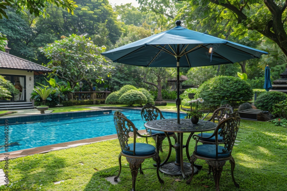 High-Quality Outdoor Patio Dining Set with Umbrella Near Swimming Pool on Grass High-Quality Outdoor Patio Dining Set with Umbrella Near Swimming Pool on Grass