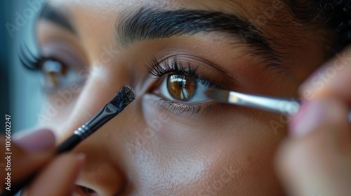 A close-up of an eye with the lashes being plced on, while another person is applying mascara to their eyelashes. The woman's eyebrows and other facial features can be seen in detail. photo