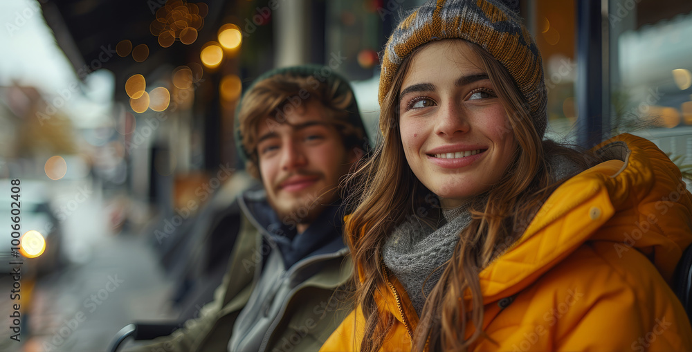 A young couple, dressed in warm winter clothes, smile at each other as they stand outside a cafe on a cold day A young couple, dressed in warm winter clothes, smile at each other as they stand outside a cafe on a cold day