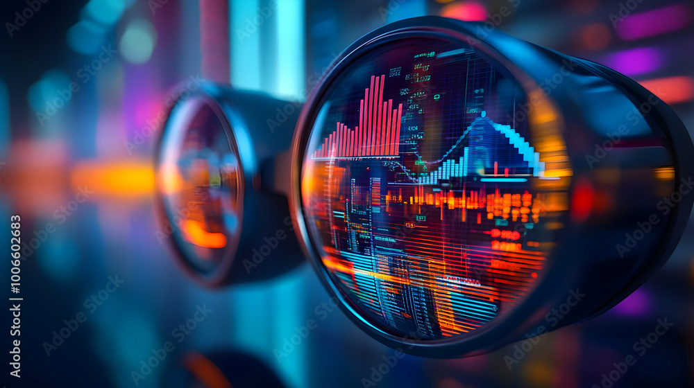 3D Close-Up of Virtual Reality Headset Lens Reflecting Business Graphs - Macro Shot Showcasing Immersive Future Business Environments on White Background 3D Close-Up of Virtual Reality Headset Lens Reflecting Business Graphs - Macro Shot Showcasing Immersive Future Business Environments on White Background