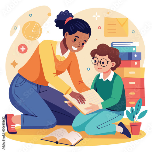 A Teacher Kneeling Next to a Student, Helping Them Solve a Math Problem on Their Workbook. Vector art Illustraion 