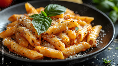 Delicious Penne Pasta with Tomato Sauce, Parmesan Cheese, and Fresh Basil Garnish on a Dark Plate