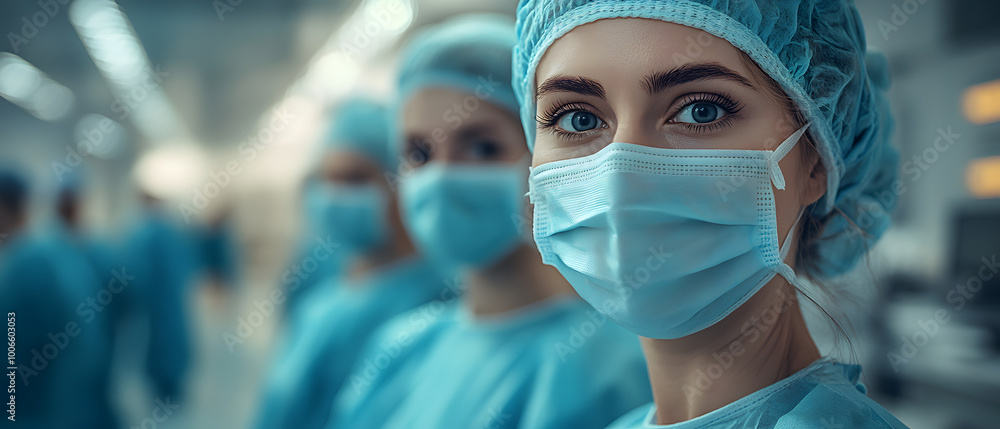 Focused Surgical Team in a Hospital Operating Room: Medical Professionals in Scrubs, Masks, and Caps Preparing for Surgery Focused Surgical Team in a Hospital Operating Room: Medical Professionals in Scrubs, Masks, and Caps Preparing for Surgery