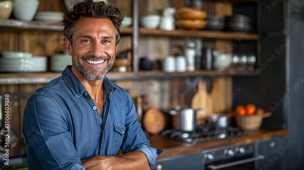 A handsome man in a blue shirt is smiling at the camera while standing next to the kitchen counter, looking happy and content after cooking dinner for his family or friends. A handsome man in a blue shirt is smiling at the camera while standing next to the kitchen counter, looking happy and content after cooking dinner for his family or friends.