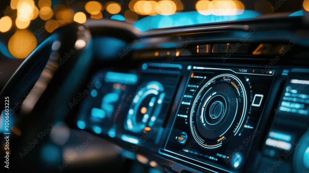 Futuristic car dashboard glowing at night showing speed and navigation system Futuristic car dashboard glowing at night showing speed and navigation system