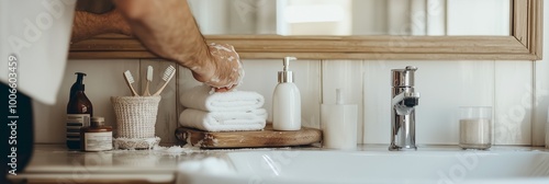 cleaning a bathroom mirror, their reflection visible but slightly out of focus. hand places a white towel next to the sink. modern marble and wood bathroom. For interior catalogues, Home Accessories