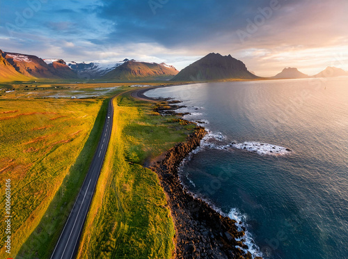 scenic road in Iceland, beautiful nature landscape aerial panorama, mountains and coast 