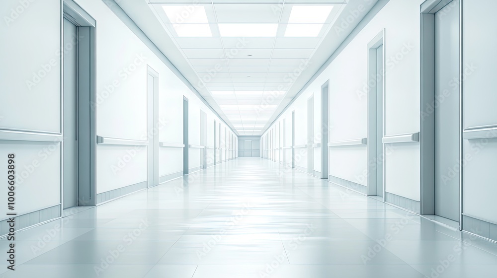 A long, empty hallway with white walls and a white ceiling, with a feeling of isolation and loneliness. A long, empty hallway with white walls and a white ceiling, with a feeling of isolation and loneliness.
