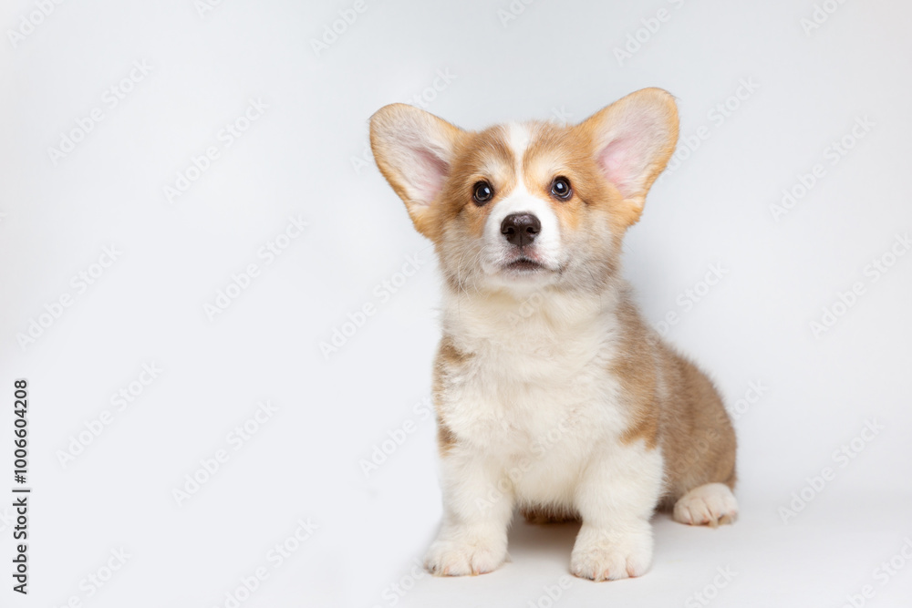 Cute Welsh corgi puppy sits isolated on a white background looking at the camera Cute Welsh corgi puppy sits isolated on a white background looking at the camera