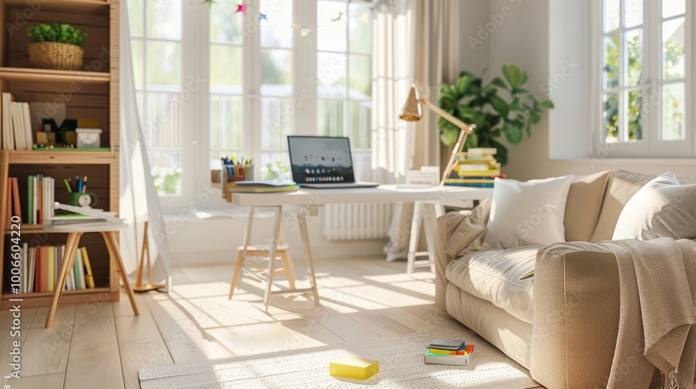 Fototapeta premium Cozy Living Room with Sunlight Streaming In