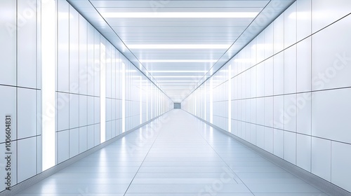 A long, empty hallway with white walls and a white ceiling, with a feeling of peace and tranquility.