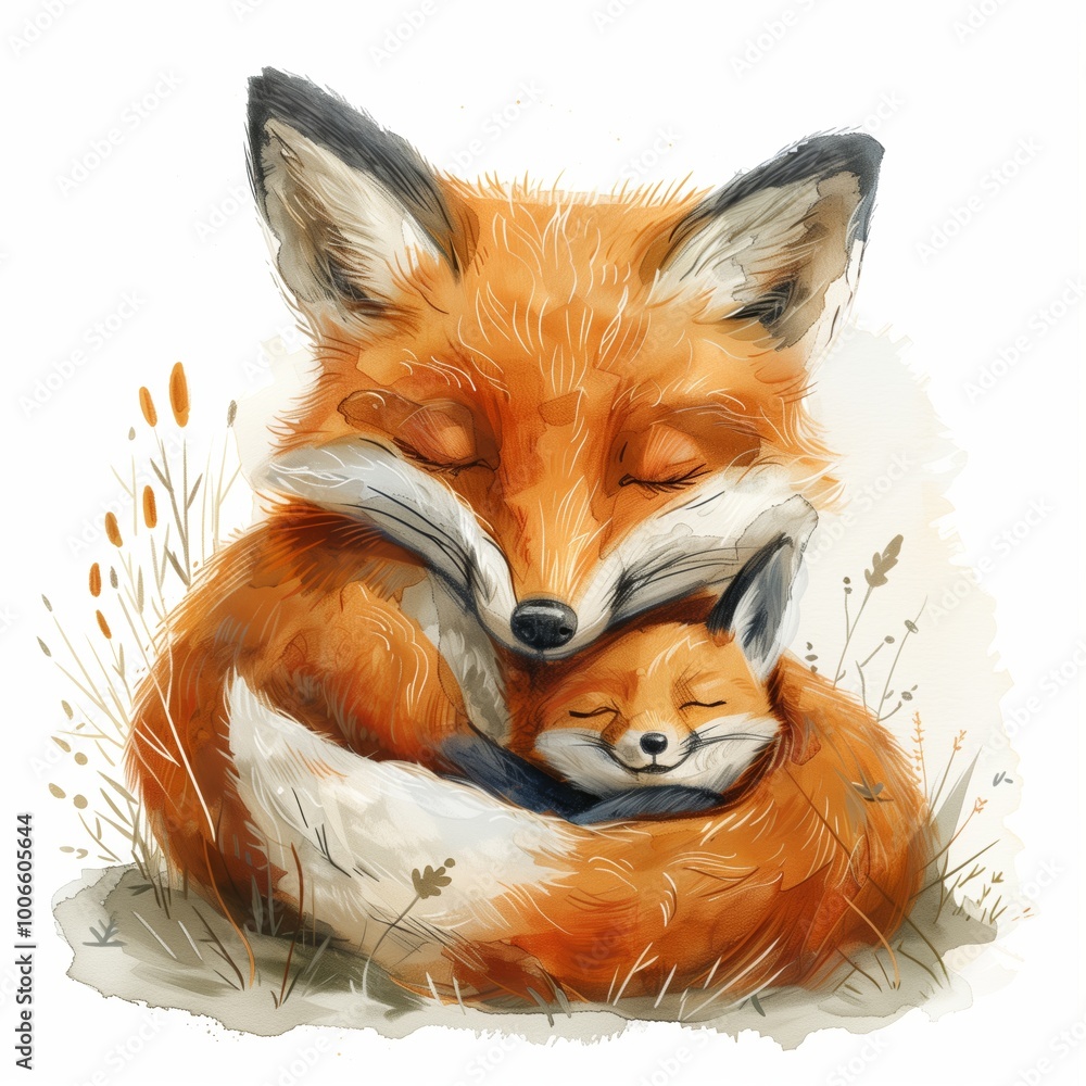 A mother fox snuggles her adorable cub in a peaceful meadow during a sunny afternoon A mother fox snuggles her adorable cub in a peaceful meadow during a sunny afternoon