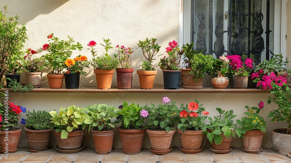 Colorful Flower Pots on a Garden Shelf Colorful Flower Pots on a Garden Shelf