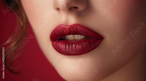 close up of lips with matte lipstick, neutral background