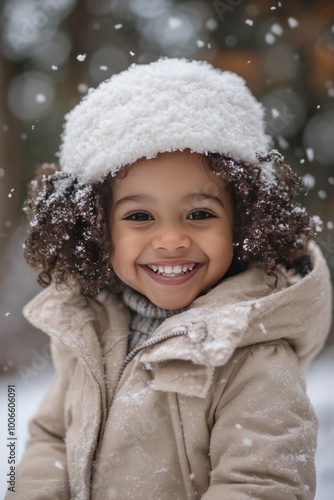 A young girl with curly hair is smiling and wearing a white hat and a brown coat