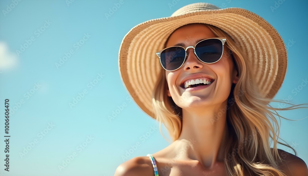 Smiling summer woman with hat and sunglasses Smiling summer woman with hat and sunglasses