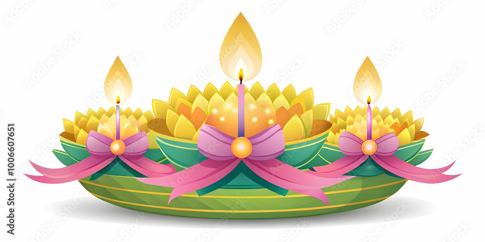 Obraz premium Flat Loy Krathong Illustration with Glowing Ribbons - Festive Vector Design Highlighting Traditional Celebration Elements Against White Background