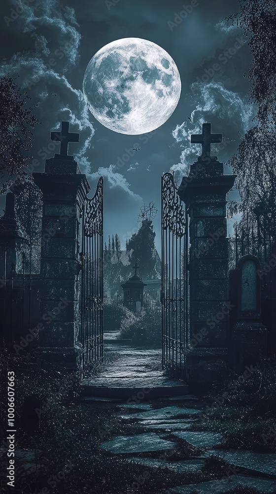 A haunting graveyard scene under a full moon, shrouded in mist and mystery, perfect for eerie or atmospheric themes. A haunting graveyard scene under a full moon, shrouded in mist and mystery, perfect for eerie or atmospheric themes.