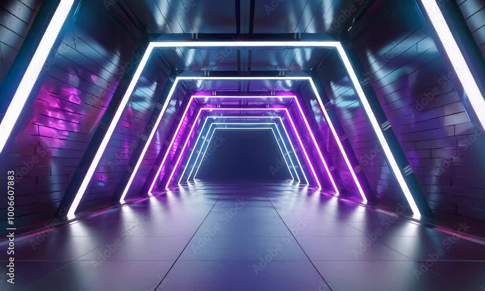 A long, dark hallway lined with bright white and purple neon lights, creating a futuristic and abstract feel.