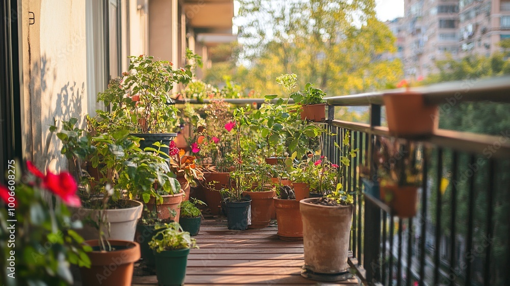 Fototapeta premium Vibrant Balcony Garden with Colorful Flower Pots