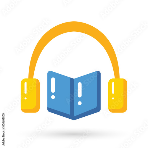 Book with headphones or headset icon logo. Concept for online audiobook, radio, listening to podcasts, online learning, e-books in audio format.