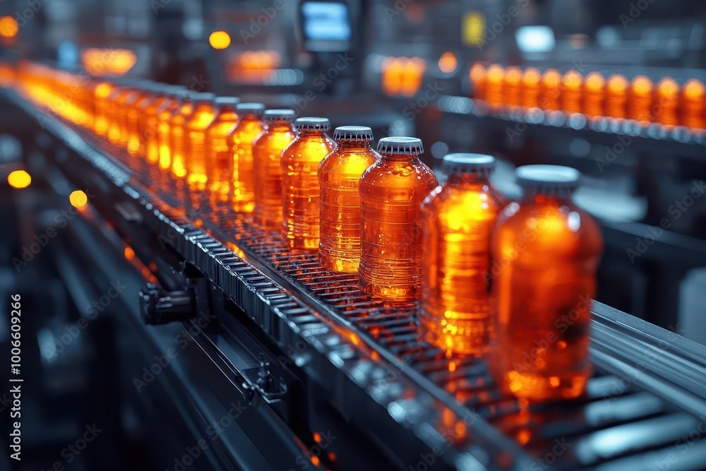 a bustling beverage manufacturing process depicted on a conveyor belt showcasing various drinks being filled and packaged emphasizing efficiency and production in a modern factory environment a bustling beverage manufacturing process depicted on a conveyor belt showcasing various drinks being filled and packaged emphasizing efficiency and production in a modern factory environment