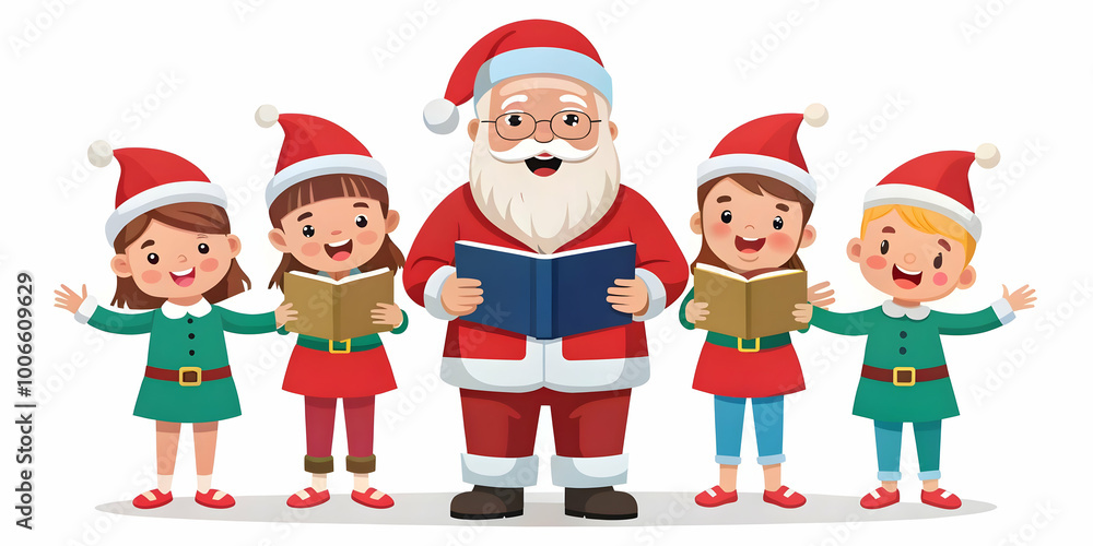 Flat Santa Singing Christmas Carols with Children: A Joyful Celebration of Festive Camaraderie in a Simple Vector Illustration Flat Santa Singing Christmas Carols with Children: A Joyful Celebration of Festive Camaraderie in a Simple Vector Illustration