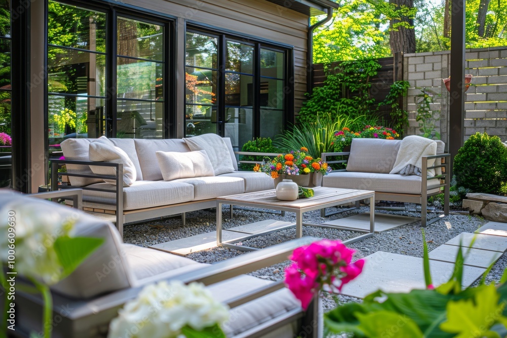 Fototapeta premium Modern Outdoor Seating Set with White Metal Frame and Light Wood on Suburban Patio