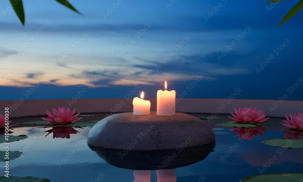 Two candles burning on a rock in a pond with pink lotus flowers and bamboo in the background at dusk