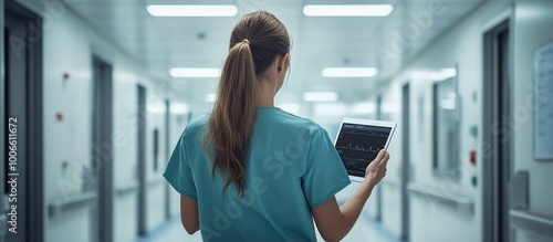 Nurse Reviewing Medical Data in Hospital Corridor