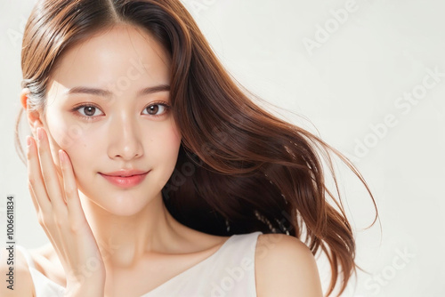 A woman with long brown hair is smiling and looking at the camera 