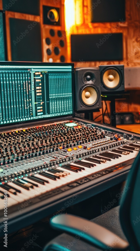 A modern music studio showcasing a mixing console, keyboard, and speakers, perfect for sound production and recording. A modern music studio showcasing a mixing console, keyboard, and speakers, perfect for sound production and recording.