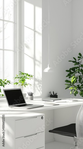 Wallpaper Mural A modern office interior featuring a sleek desk, laptop, and greenery, creating a bright and inspiring workspace. Torontodigital.ca