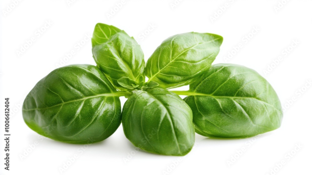 Fresh Basil Leaves with One Half Cut on a White Background Fresh Basil Leaves with One Half Cut on a White Background