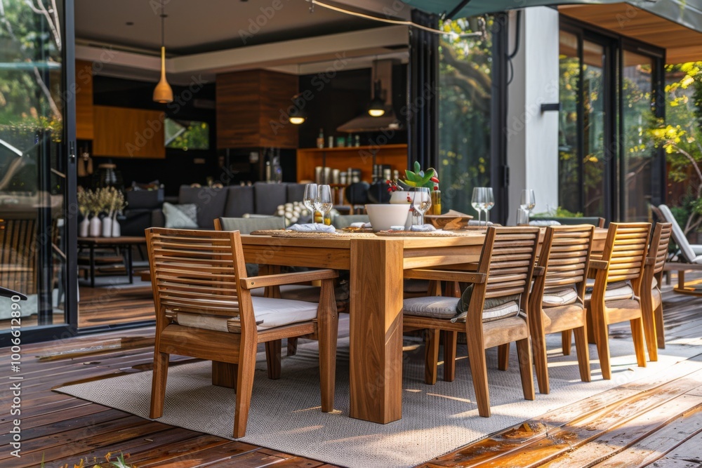 Teak Wood Dining Table with Chairs on Outdoor Patio Surrounded by Greenery and Wooden Flooring Teak Wood Dining Table with Chairs on Outdoor Patio Surrounded by Greenery and Wooden Flooring