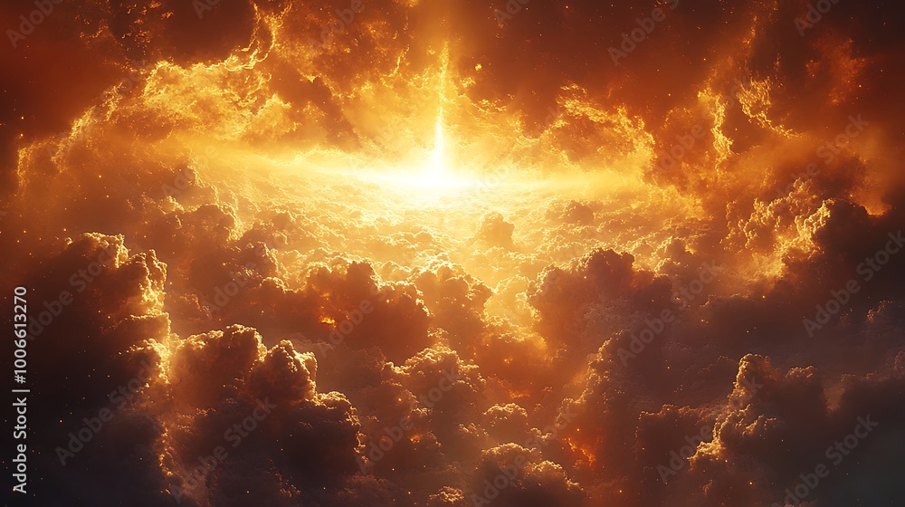 Fototapeta premium Golden Sun Beams Shining Through Dramatic Storm Clouds