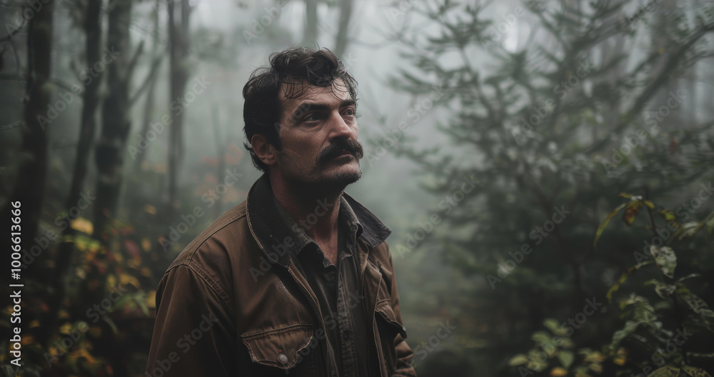 Moody Outdoor Portrait of a Man in Foggy Forest at Dawn - Nature Photography for Posters and Prints Moody Outdoor Portrait of a Man in Foggy Forest at Dawn - Nature Photography for Posters and Prints