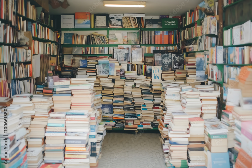 Bookshelf Overflowing with Books Secondhand Bookstore Interior Stacked Books Literature Bookshelf Overflowing with Books Secondhand Bookstore Interior Stacked Books Literature