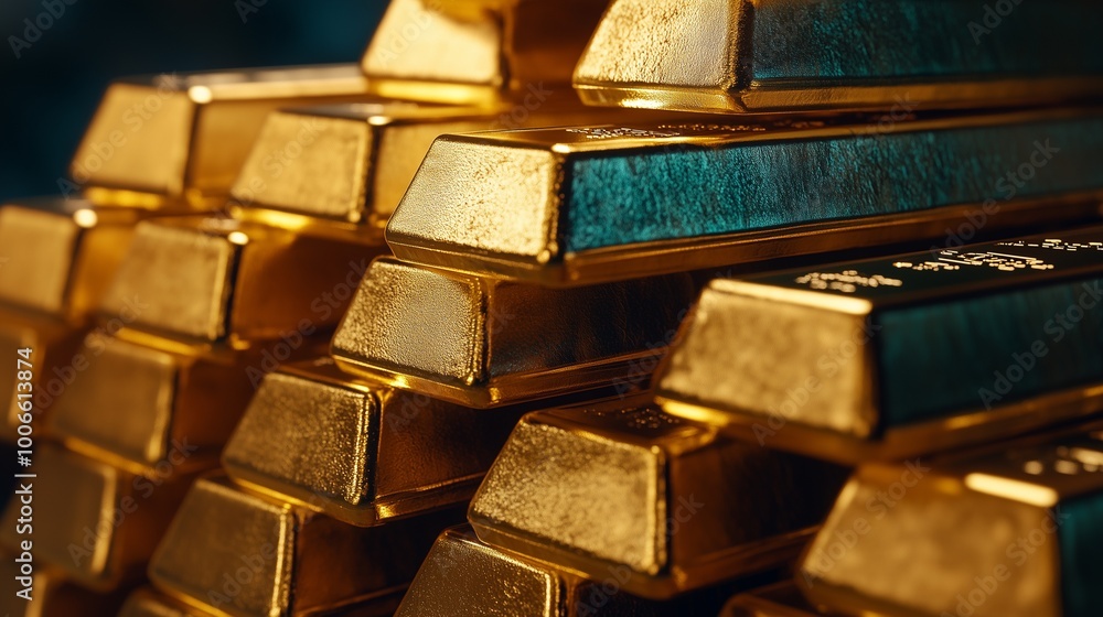Close-up view of gleaming gold bars stacked together, symbolizing wealth and prosperity in an elegant display. Close-up view of gleaming gold bars stacked together, symbolizing wealth and prosperity in an elegant display.