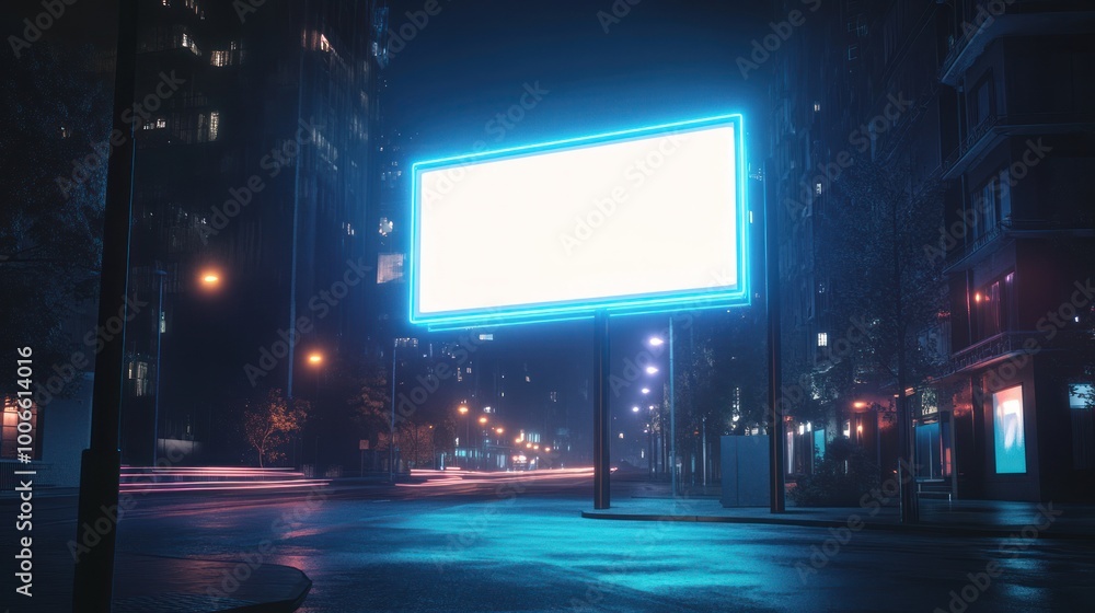 Neon Cityscape with Blank Billboard